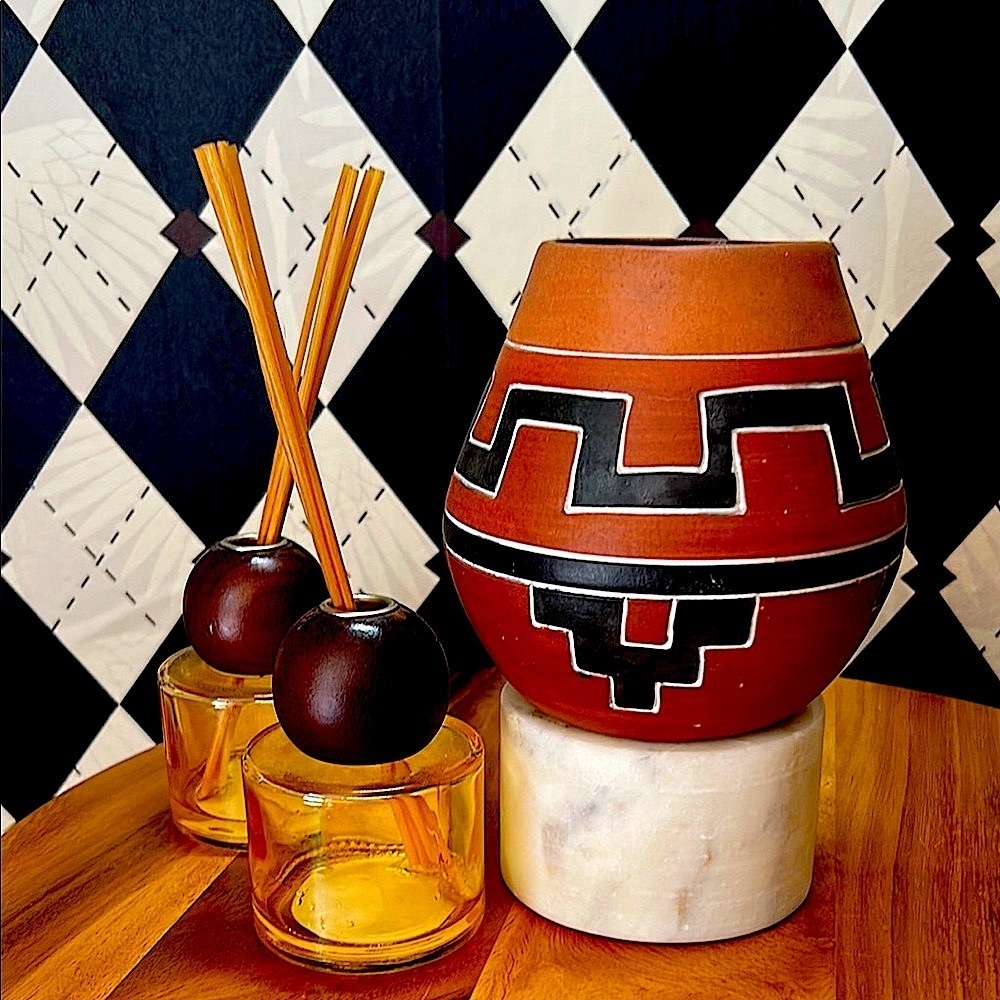 Vintage Redware Folk Pottery Vase Hand-Painted Geometric Tribal Design Primitive - Picture 3 of 8